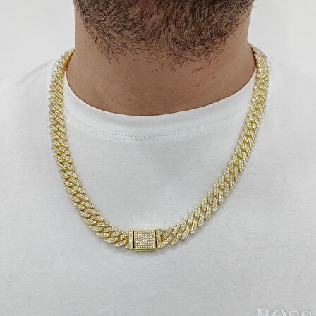 Chavin 12 mm. Gold Kalın 60 cm. Taşlı Alloy Erkek Zincir eu77sr