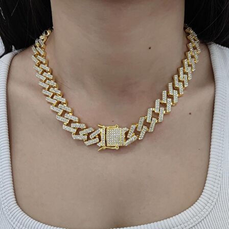 Chavin 15 mm. Gold Kalın 45 cm. Taşlı Alloy Kadın Zincir eu79sr