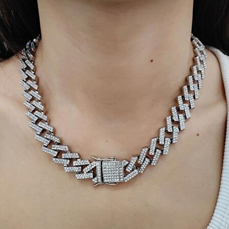 Chavin 15 mm. Gri Kalın 45 cm. Taşlı Alloy Kadın Zincir eu79by