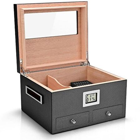 Falconetti Sedir Ağacı Camlı Karbon Fiber Çekmeceli Humidor Puro Kutusu rd13