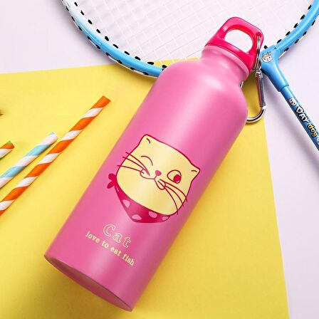Çelik Pembe Kedi Askılı 500 ml Çocuk Matara Suluk cin497pm