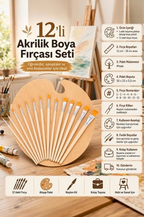 12 Adet Naylon Kılı Yağlı Akrilik ve Suluboya Fırçası Takımı Boya Paleti Seti cin551