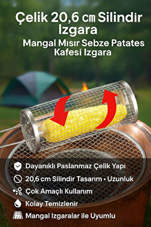 Çelik 30 cm Silindir Izgara Mangal Mısır Sebze Patates Kafesi Izgara cin862