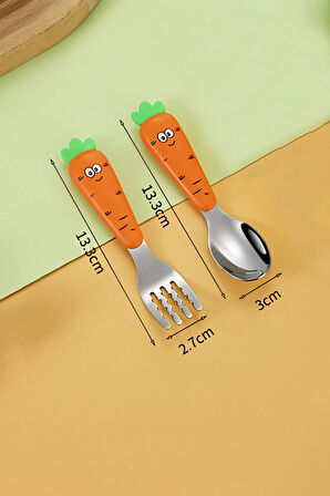 Paslanmaz Çelik Havuç Model Bebek Çocuk Kaşık ve Çatal Set cin933tr