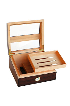 Falconetti Sedir 2 Kat Camlı Kahverengi Humidor Puro Kutusu ra93x