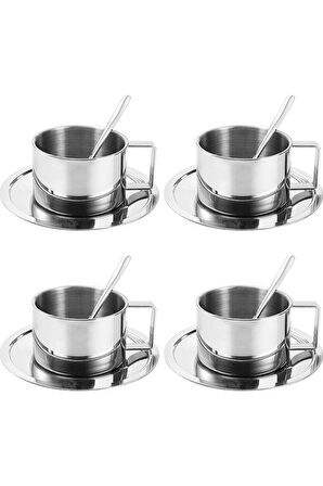 Çelik 4 Adet 3 Parça 200 ml Çift Cidar Espresso Kahve Fincan Seti Sunum Bardağı 