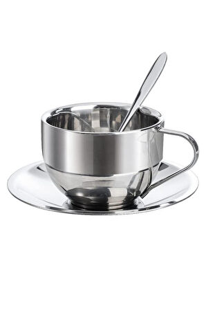 Çelik 3 Parça 180 ml Çift Cidarlı Espresso Kahve Fincan Seti Sunum Bardağı mt120