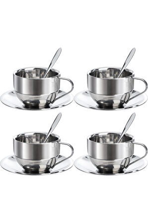 Çelik 4 Adet 3 Parça 180 ml Çift Cidar Espresso Kahve Fincan Set Sunum Bardağı 