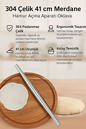 304 Çelik 41 cm. Merdane Hamur Açma Aparatı Oklava mt131