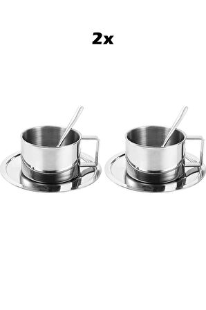 Çelik 2 Adet 3 Parça 200 ml Çift Cidar Espresso Kahve Fincan Seti Sunum Bardağı 