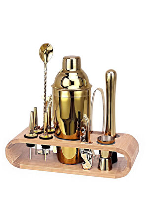 Ahşap Standlı 12 Parça Çelik 750 ml Shaker Bar Tokmağı Jigger Seti Barmen Seti