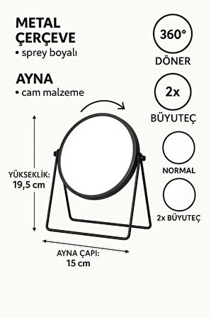 Masa üstü 15 cm 2x Büyüteçli Çift Taraflı 360°Dönen Metal  Masa Aynası mt167sy