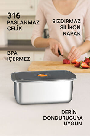 2 Adet Çelik 1500 ml Yemek Meyve Et Buzdolabı Beslenme Saklama Kabı mt220