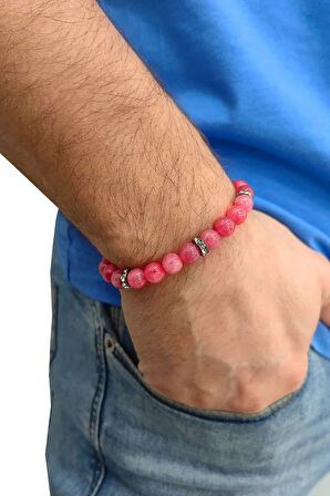 Lastikli Doğal Pembe Kuvars Taşlı Erkek Bileklik ey36