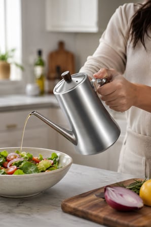 304 Mat Çelik Ahşap Saplı Süzgeçli 1000 ml Yağdanlık Sosluk Sirkelik mt273
