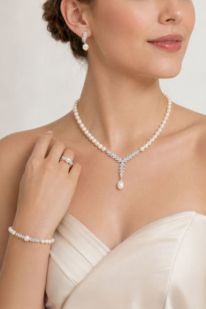 Chavin İnci Gümüş Kolye Küpe Bileklik Yüzük Takım Set ey63