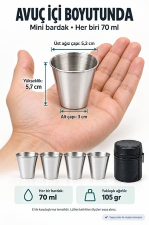 4 adet Deri Kılıflı 70 ml. Çelik Shot Kahve Kamp Bardağı rd95