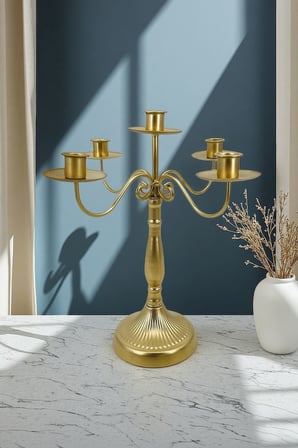 5 Gözlü Şık Restoran Düğün Şamdan Dekoratif Metal Mat Gold Mumluk mt282sr