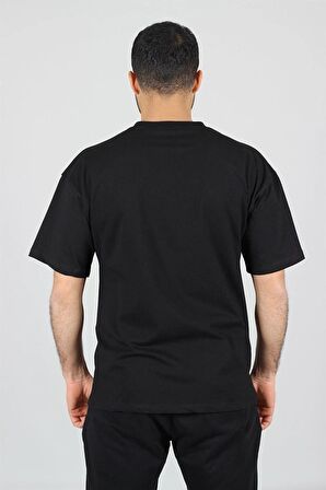 Erkek Siyah Pamuk Oversize Bisiklet Yaka Tshirt