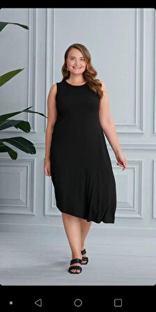 Truva Xxl Büyük Beden Kolsuz Çapraz Model Elbise Siyah