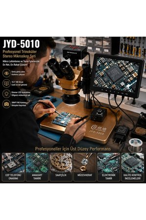 Jiayoudi JYD-5010 Profesyonel Trinoküler Stereo Mikroskop Seti 38MP Dijital Kamera Ve 10.1 İnç Ekranlı Lehim Tamir İstasyonu