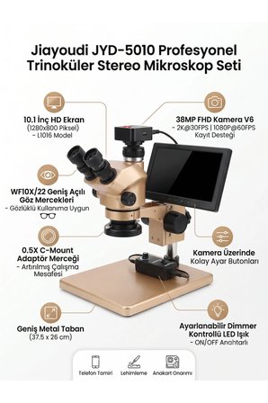 Jiayoudi JYD-5010 Profesyonel Trinoküler Stereo Mikroskop Seti 38MP Dijital Kamera Ve 10.1 İnç Ekranlı Lehim Tamir İstasyonu