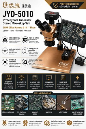 Jiayoudi JYD-5010 Profesyonel Trinoküler Stereo Mikroskop Seti 38MP Dijital Kamera Ve 10.1 İnç Ekranlı Lehim Tamir İstasyonu