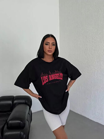 Unisex Bisiklet Yaka Baskılı Oversize T-Shirt - Siyah