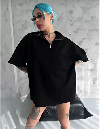 Unisex Yarım Fermuarlı Düz Oversize T-Shirt - Siyah