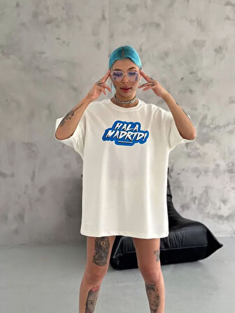 Unisex Bisiklet Yaka Baskılı Oversize T-Shirt - Beyaz