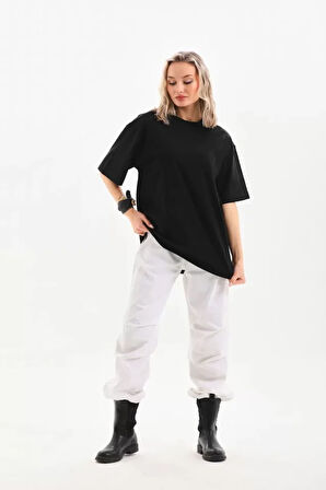 Unisex Bisiklet Yaka 20/1 Düz Oversize T-Shirt - Siyah