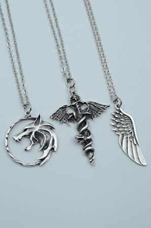 3'lü Yarasa Yılan Kılıç Witcher Çember Kanat Gümüş Kaplama Kolye Seti