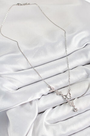 316L Çelik Zirkon Taşlı Kelebek Model Gümüş Renk Kadın Kolye