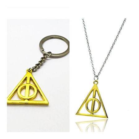 Harry Potter Altın Renk Ölüm Yadigarları 2 li Set Kolye ve Anahtarlık Hediyelik Şık Aksesuar