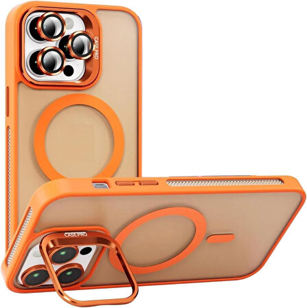 İPHONE 12 UYUMLU MAT LENSLİ STANDLI MAGSAFE KILIF TURUNCU