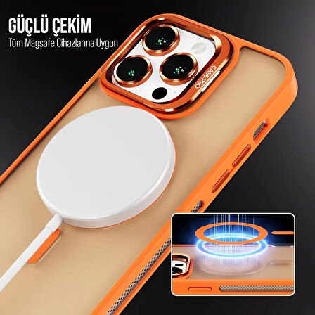İPHONE 12 UYUMLU MAT LENSLİ STANDLI MAGSAFE KILIF TURUNCU
