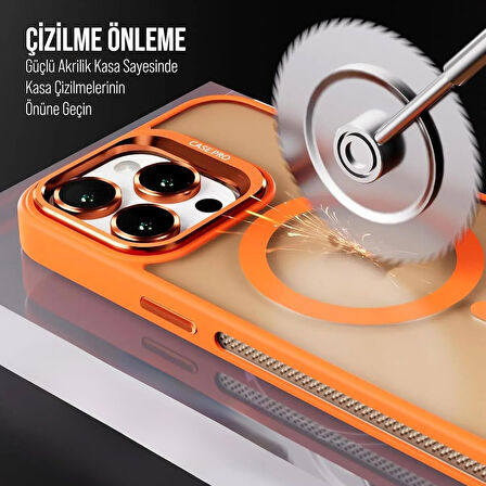 İPHONE 12 UYUMLU MAT LENSLİ STANDLI MAGSAFE KILIF TURUNCU