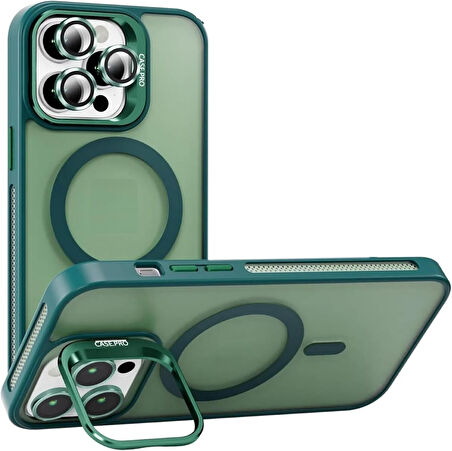İPHONE 13 UYUMLU MAT LENSLİ STANDLI MAGSAFE KILIF YEŞİL