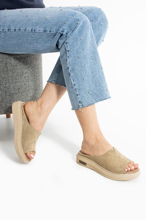 Aya Kadın Hakiki Deri Süet Cool Lastik Detay Comfort Hafif Esnek Taban Rahat Günlük Sandalet Terlik