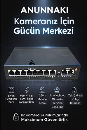 Anunnaki AN1028MN 8 Port PoE Switch | 120W | 2 Uplink | 250m Extend | IP Kamera Uyumlu AI Watchdog