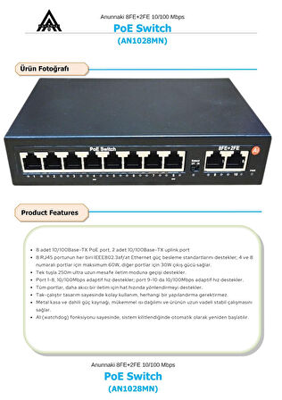 Anunnaki AN1028MN 8 Port PoE Switch | 120W | 2 Uplink | 250m Extend | IP Kamera Uyumlu AI Watchdog