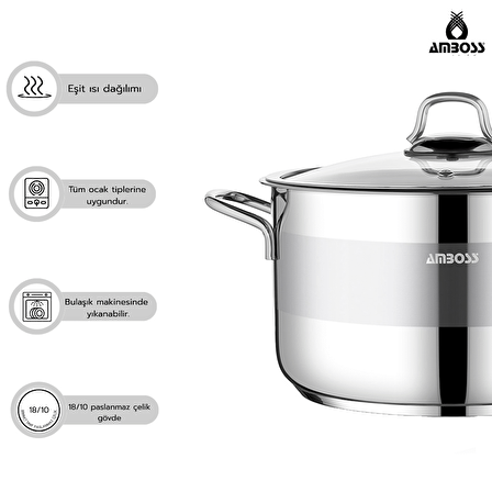 Amboss Saphire Paslanmaz Çelik 28 cm Cam Kapaklı Derin Tencere