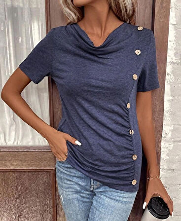 Kadın Degaje Yaka Düğme Detaylı Kısa Kollu Viskon Bluz