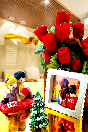 3'lü Romantik Hediye Seti Sevgiliye Sürpriz Hediye Seti Çerçeve Biblo Çam Ağacı