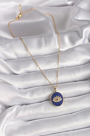 316L Çelik Gold Renk Zincir Mavi Mineli Zirkon Taşlı Göz İşleme Kadın Kolye