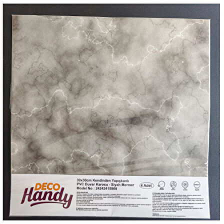 Kapamarka  Pvc Duvar Karosu 30x30cm 4'lü Paket - Mermer Desenli Siyah 0,36m2