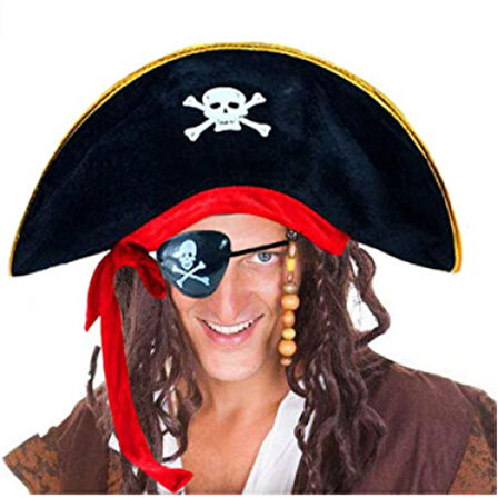 Kapamarka Yetişkin Boy Kadife Kaptan Jack Sparrow Korsan Şapkası ve Plastik Korsan Göz Maskesi