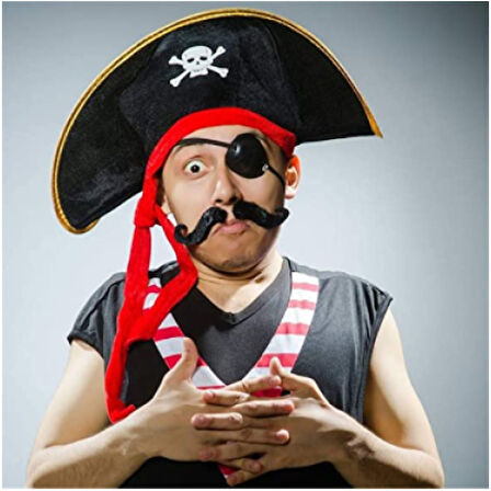 Kapamarka Yetişkin Boy Kadife Kaptan Jack Sparrow Korsan Şapkası ve Plastik Korsan Göz Maskesi