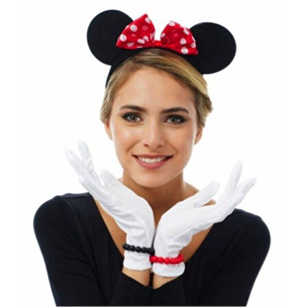 Kapamarka Kırmızı Fiyonklu Minnie Mouse Tacı ve Beyaz Eldiven Seti