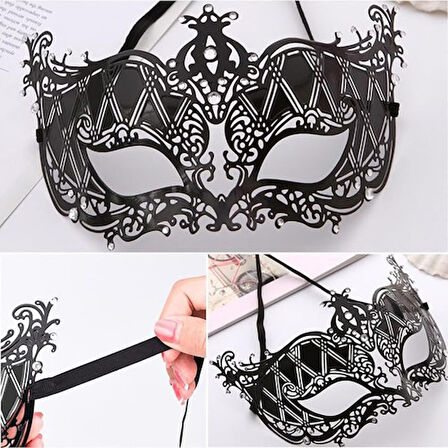 Kapamarka Kristal Gümüş Taşlı Siyah Lazer Kesim Metal Lüks Maske